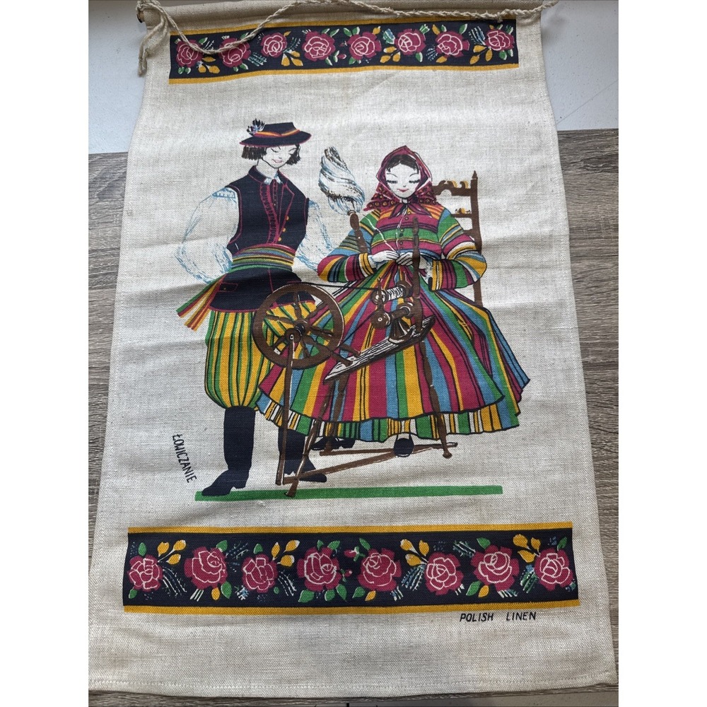 Vintage Linen Wall Tapestries Colorful Polish Dancers Folk Art RARE EUC 25"L HTF
